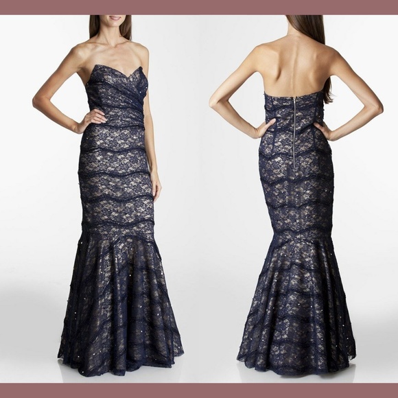 NEW‎ JS Collections Strapless Lace Trumpet Gown 10 Navy - Picture 1 of 6